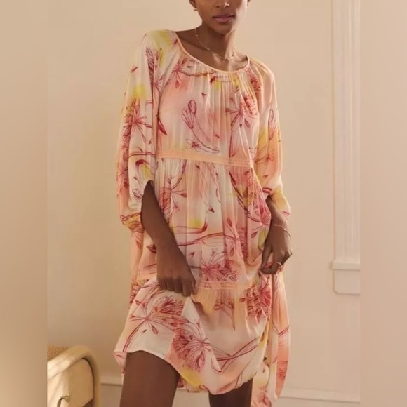 Anthropologie Pink and Orange Bishop Sleeve Sundress Size M - Picture 1 of 15